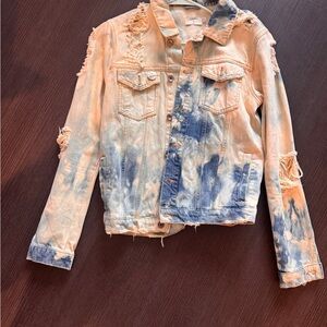 Topman Blue and Tan Distressed Denim Jacket